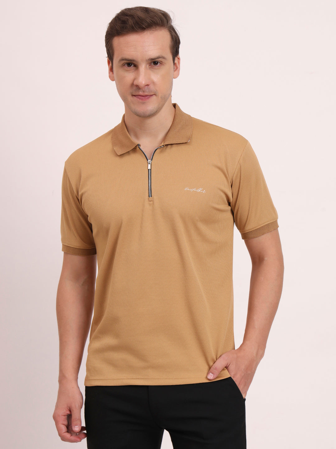 Half-Zip Texture Polo-Mute Tan