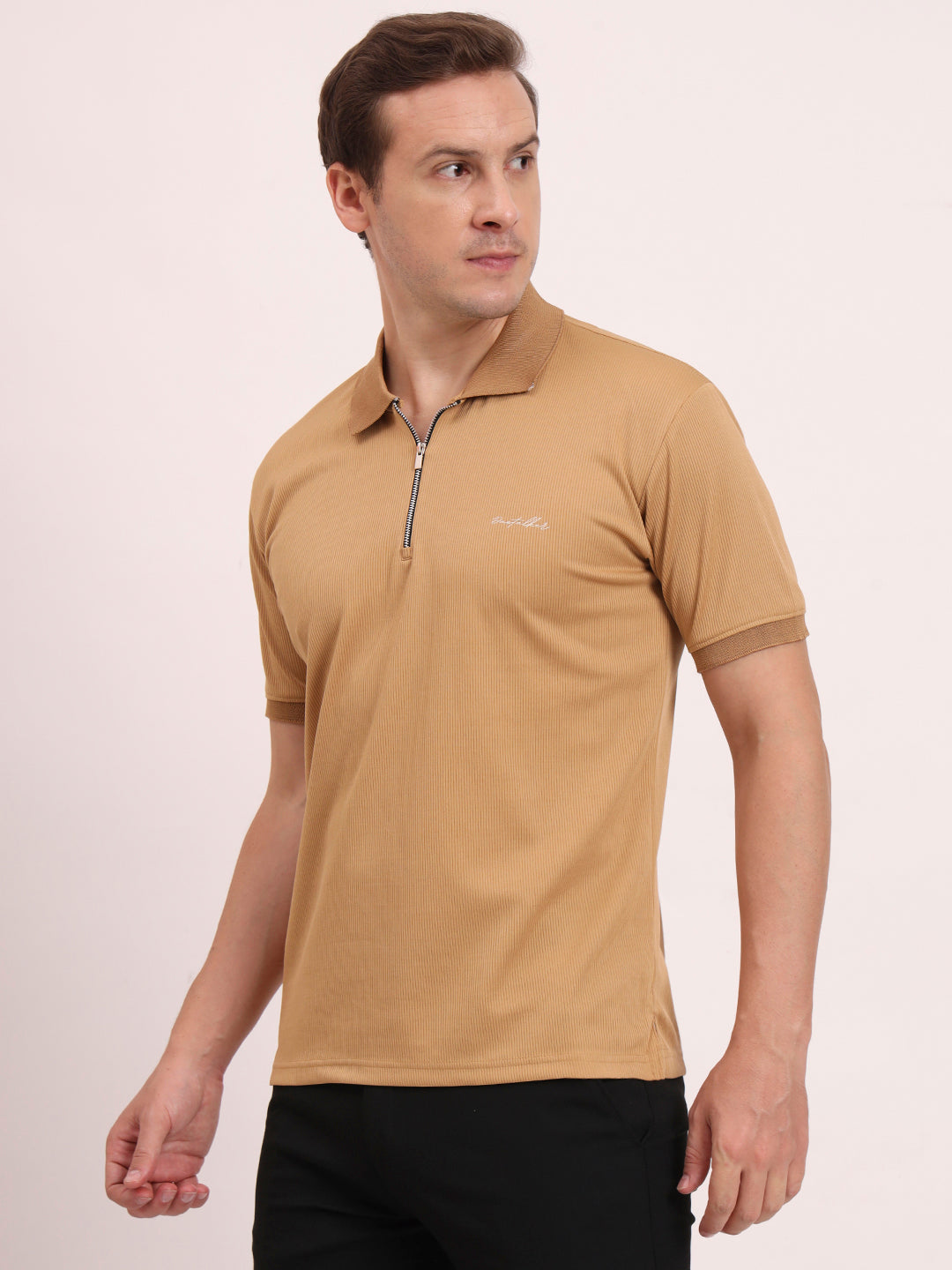 Half-Zip Texture Polo-Mute Tan
