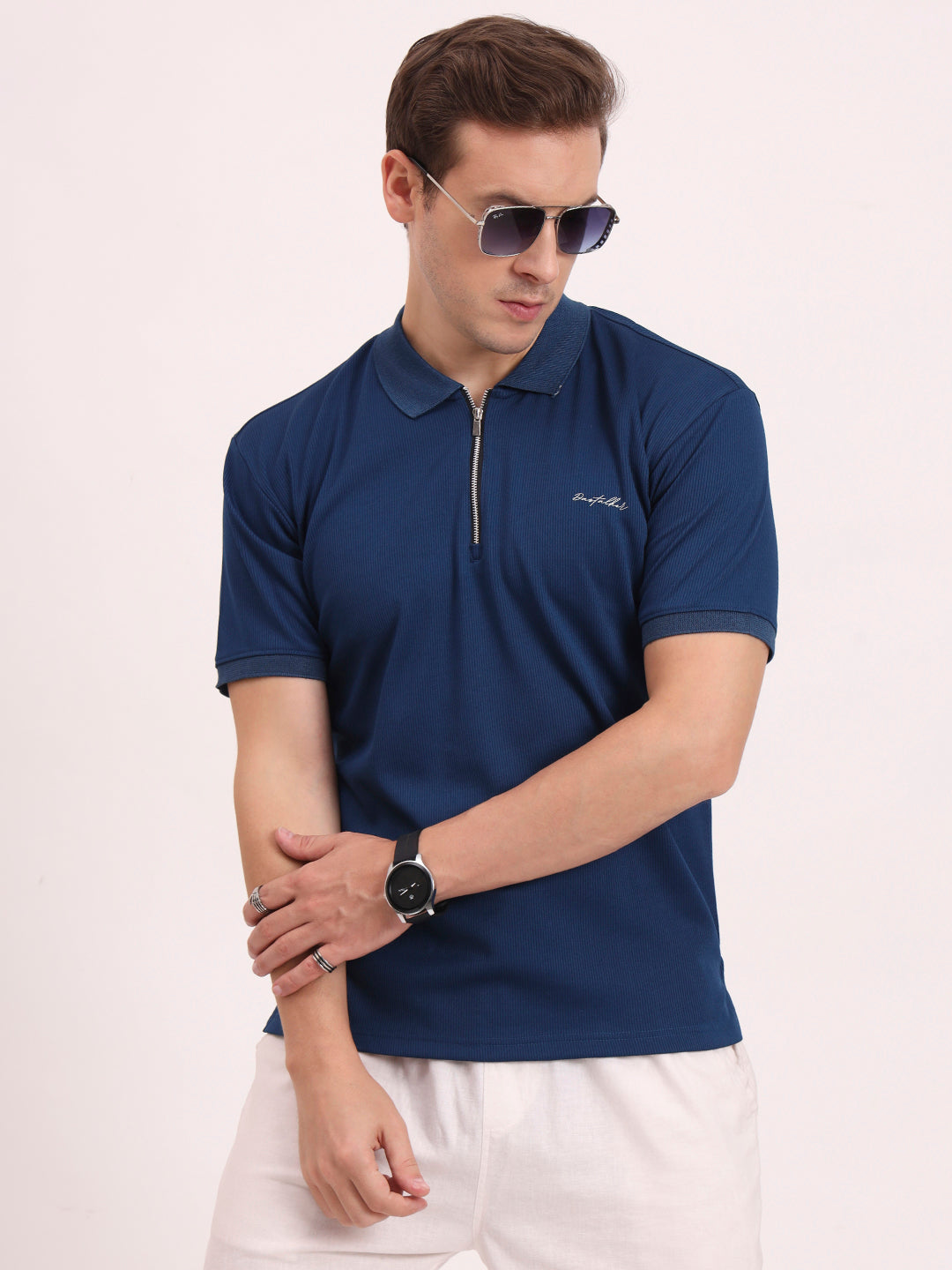 Half-Zip Texture Polo-Airforce Blue