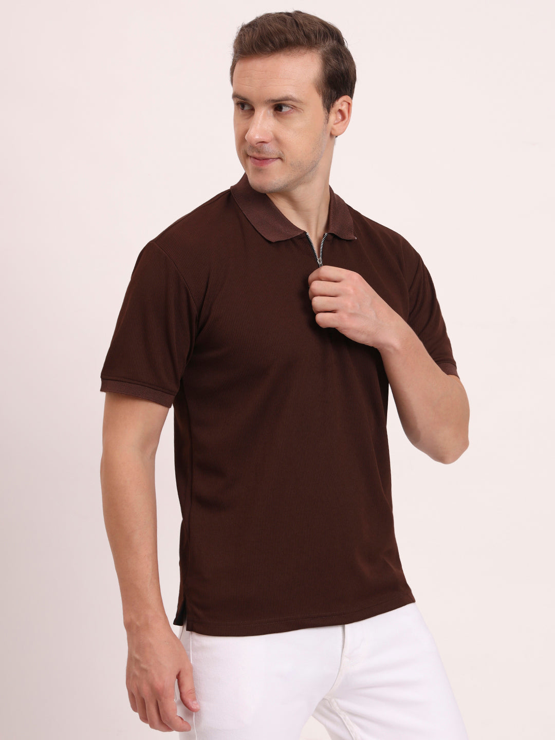 Half-Zip Texture Polo- Dark Coffee