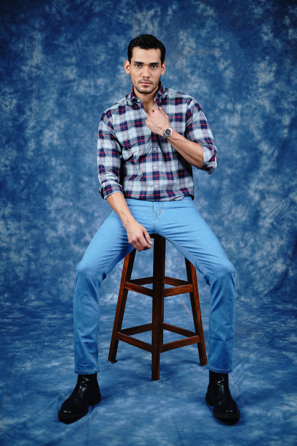 Mens Big Block Check Greyblue