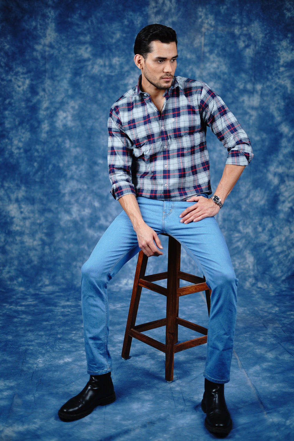 Mens Big Block Check Greyblue