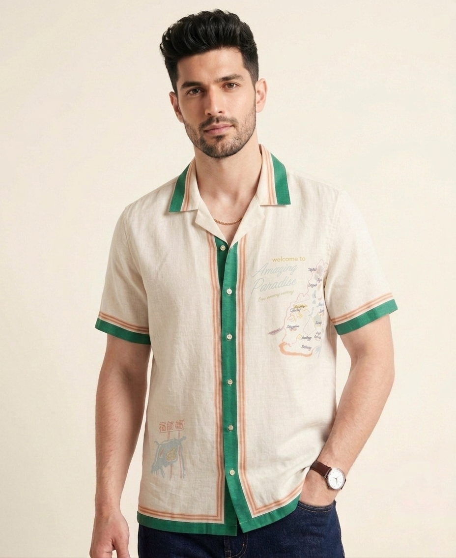 model wearing white resort shirt