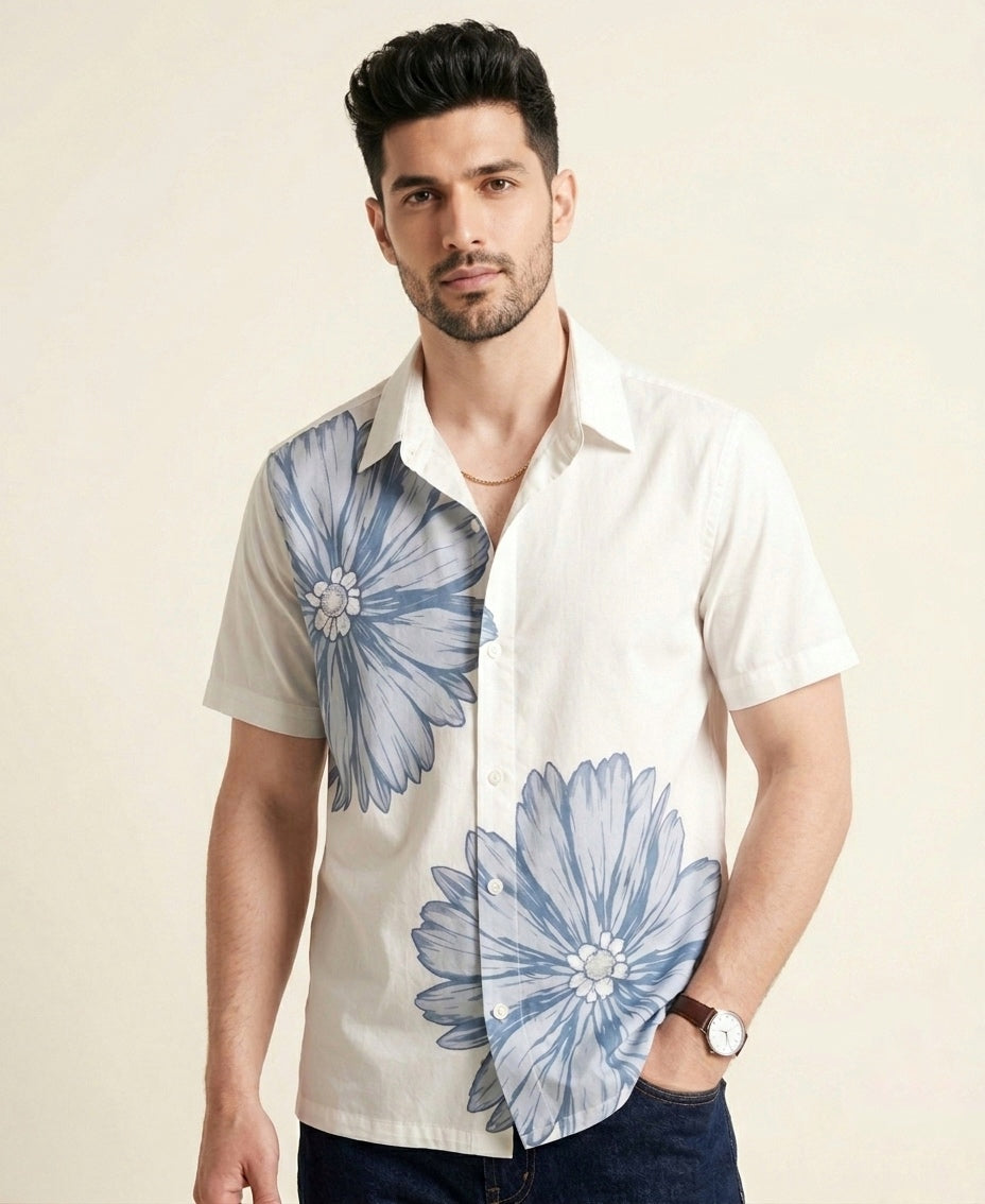 model wearing white flower shirt
